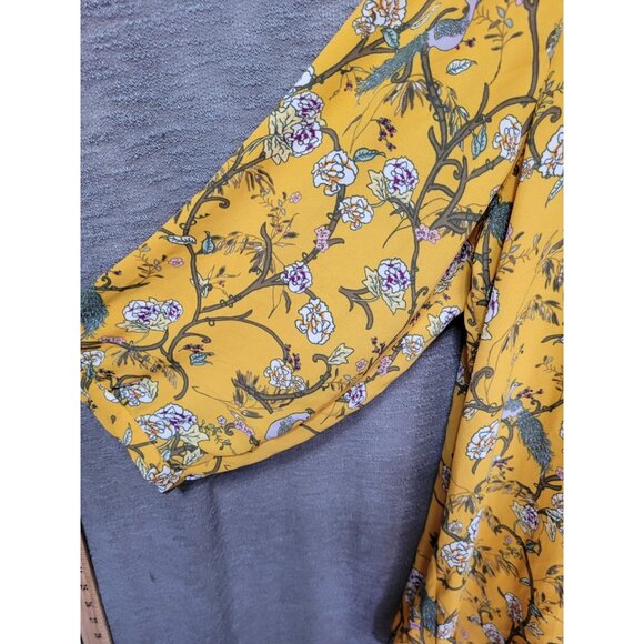 Rose Olive Peasant Top 1X Yellow Peacock Artsy Whimsical 3/4 Sleeve Flowy - Picture 13 of 16